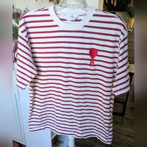 AMI Paris Red & White Striped Heart Logo Tee Size XL Authentic AMI